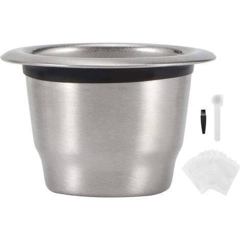 Lot de 25 capsules à café réutilisables en acier inoxydable 304 avec opercules en aluminium, filtre intégré, compatible avec machines Nespresso.