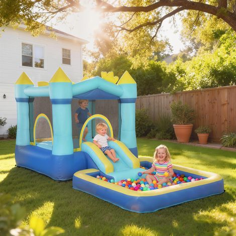 Château gonflable avec souffleur, toboggan, trampoline, pataugeoire/piscine à balles, pistolet à eau, 364 x 173 x 182 cm, bleu