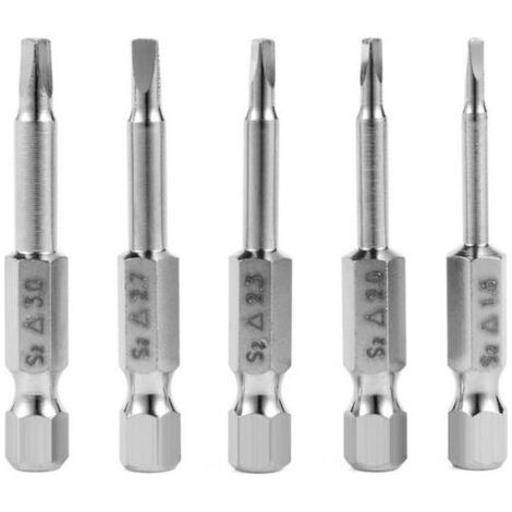 Jeu de 5 embouts de tournevis triangulaires magnétiques, acier S2, tailles : 1,8 mm, 2 mm, 2,3 mm, 2,7 mm, 3 mm, 6,35 mm, tige hexagonale, longueur 50 mm. (1/3)