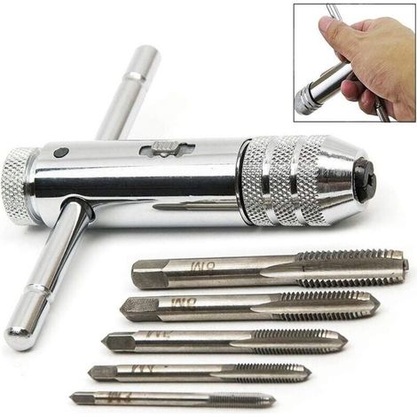 Verstellbarer T-Griff-Ratschen-Gewindebohrer-Stützschlüssel in Silber, mit 5 Teilen M3-M8 3mm-8mm, Maschinengewinde, metrischer Kappe, T-förmiger Gewindebohrer (1/4)