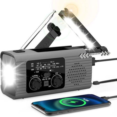 2000mAh Solar Powered Hand Crank Emergency Radio, AM/FM/NOAA Radio, with Charger, Flashlight and SOS Alarm, Grey. (1/5)