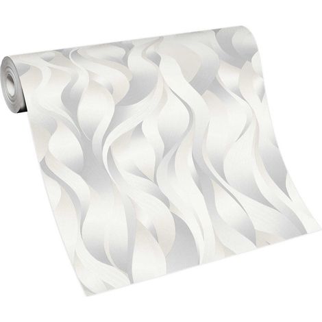 Papier peint graphique ondulations gris & crème | Tapisserie graphique beige crème & grise chambre adulte | Papier peint intissé salon (1/5)