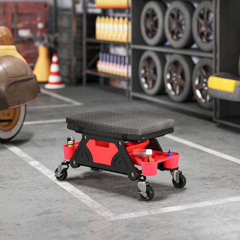 Mobiler Werkstatthocker, Tragkraft 135 kg, Mechanikerhocker mit 360°-Drehrollen, 64,5 x 33 x 35 cm, schwarz