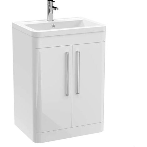 Balterley Calwich Contemporary Bathroom Floor Standing Vanity Unit with 2 Soft Close Doors & 1 Tap Hole Ceramic Basin, Gloss White, 600mm