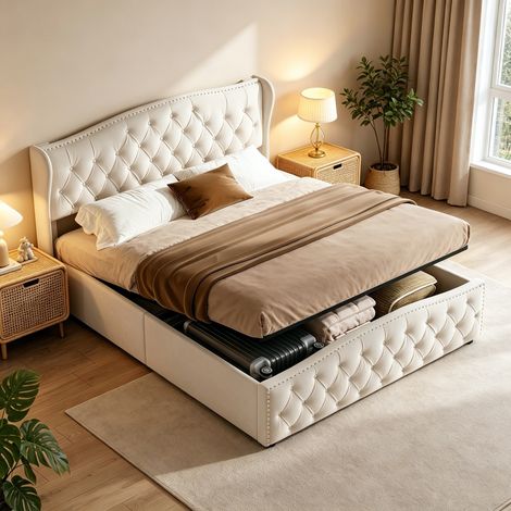 lit coffre 140 x 190cm, Sommier à Lattes, Lit double, avec levier hydraulique, lit capitonné, Chambre moderne, Beige, velours (1/5)