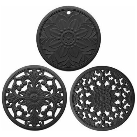 Lot de 3 dessous de plat en silicone, 3 dessous de plat multi-usages finement sculptés pour plats chauds, tapis de cuisine, sets de table, dessous de verre souple, durable et antidérapant (noir) (1/5)