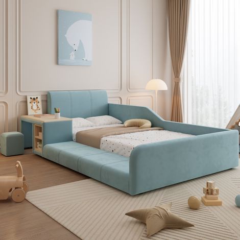 Lit simple rembourré avec bureau latéral et tabouret, velours bleu et effet bois, 90x200 cm (1/5)