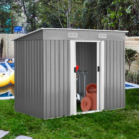 Abri de Jardin à l'Extérieur en Acier Galvanisé avec 2 Portes,4 Bouches d'Aération pour Stocker Outils 238 x 131 x 181CM Gris+Blanc (1/5)