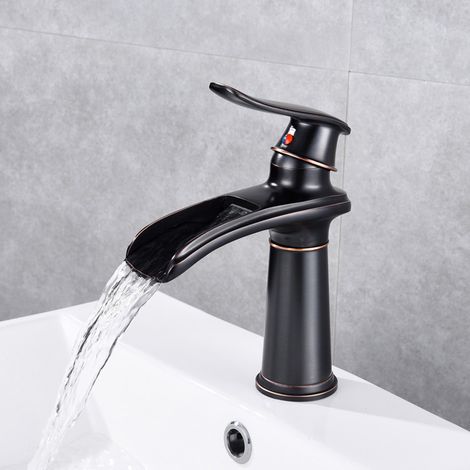 Robinet Mitigeur Lavabo Cascade en Laiton Massif, Style Antique Européen, Finition Noir Vieilli, Avec Flexible d'Arrivée d'Eau, 1 Pièce-lsw