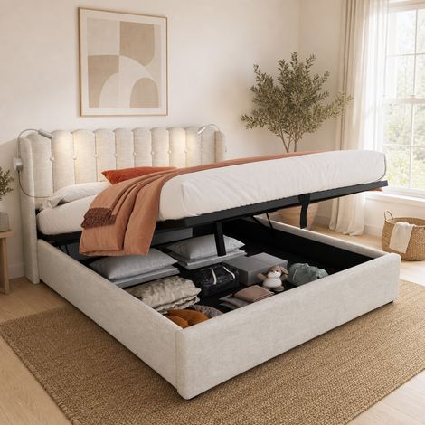 Polsterbett Doppelbett Leselicht mit Ladefunktion Kopfteil Stauraum Bettgestell Leinenmaterial Jugendbett 140x200 mit lattenrost,Natürlich(Ohne Matratze) (1/5)