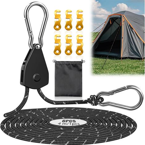 Corde à Cliquet Réglable 4M 6PCS Prota Cordes à Cliquet avec Crochet Corde de Tente Réfléchissante de Camping pour Plantes et Les Pots de Jardinage Camping Tente Randonnée (Noir-6PCS) (1/5)