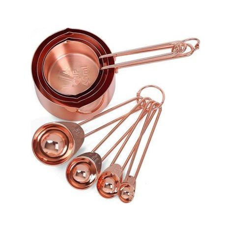 Set de 8 cuentagotas y cucharas medidoras de acero inoxidable, tono rosa dorado, utensilios de repostería para cocina (1/3)