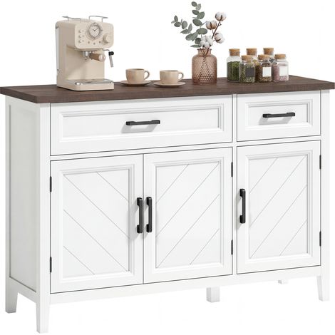 Buffet salon. meuble de rangement avec 3 portes en chevron. 2 tiroirs et 2 étagères réglables. 110 x 35 x 80.5 cm. blanc
