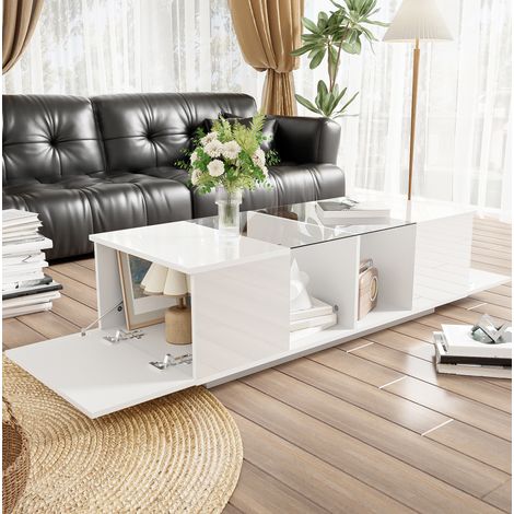 Table basse 120x50x38,5 cm blanche en verre et MDF avec éclairage LED et rangement latéral (1/5)