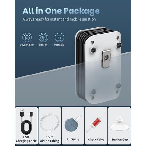 Pompe à Air d'Aquarium Portable Rechargeable USB Compresseur d'Air Silencieux Aérateur de Secours pour Aquarium et Bassin de 19 à 76 L avec Diffuseur d'Air Tuyau Clapet Anti-retour