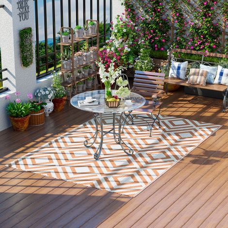Alfombra Exterior Reversible 182x274 cm de Plástico Impermeable para Terraza Patio Camping Playa Rojo y Blanco
