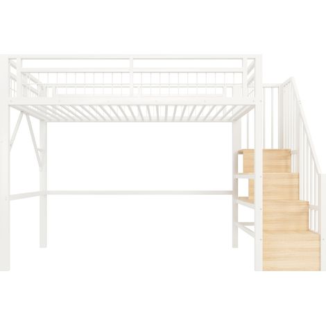 Cama alta 90 x 200 cm de metal y MDF con tira LED, escaleras con almacenaje, blanca (1/5)