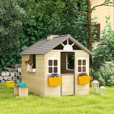 Casetta da gioco in legno Outsunny per bambini con finestra, cassetta delle lettere, casetta da giardino per esterni con portavaso, casetta in legno per bambini dai 3 ai 7 anni, legno di abete natural