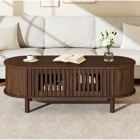 MODFU – Mesa de centro ovalada 100x40x38 cm de MDF con 2 puertas de listones y puerta corredera, almacenamiento y carga 30 kg – Nogal (1/5)