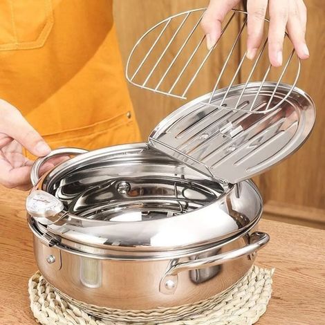 Fritura con aceite con tecnología de zona fría Fritura de tempura de acero inoxidable al estilo japonés con tapa de termómetro y soporte de drenaje de aceite para patatas fritas, pescado y carne cruji
