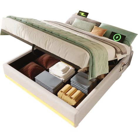 Lit capitonné 140x200 cm, bandeau LED, USB Type-C, pochettes rangement, sans tête de lit, coffre hydraulique, beige, matelas non inclus (1/5)