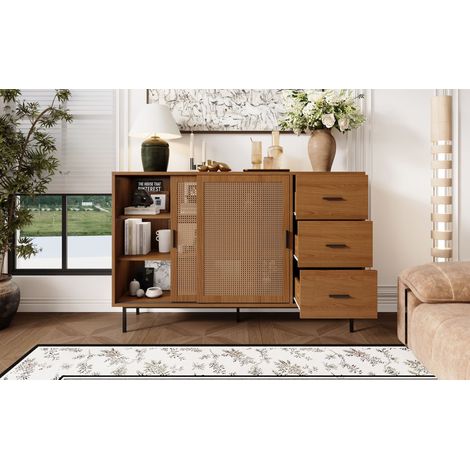Compartiment de rangement avec 2 portes coulissantes et 3 tiroirs, dotés de compartiments réglables.  Dimensions : largeur 140 cm / hauteur 91 cm / profondeur 37 cm. (1/5)