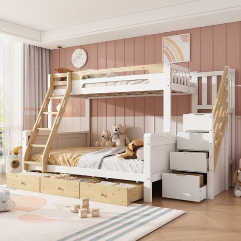 Litera de 90x200/140x200 cm, blanca y natural, litera familiar de madera con escalera de almacenamiento, escalera, 3 cajones y dispositivo anticaída para habitación infantil. (1/5)