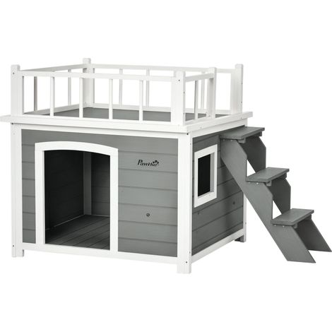 Niche pour chien, terrasse sur le toit, escalier, fenêtre, garde au sol, bois naturel, gris clair, 121 x 77 x 78 cm (1/5)