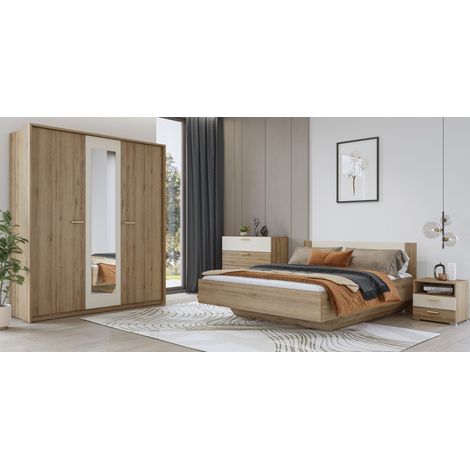 Komplettes Schlafzimmer VERTIGO – Bett 160x200 mit Lattenrost, 2 Nachttische, 3-türiger Schrank, Kommode + Designrahmen