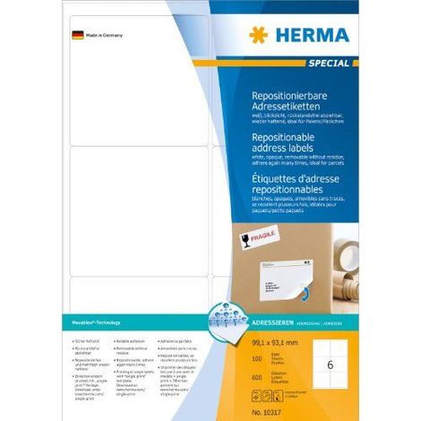 HERMA Etichette Staccabili, 99,1 x 93,1 mm, Etichette Adesive A4 per Stampante, 6 Etichette per Foglio, Bianco (1/3)