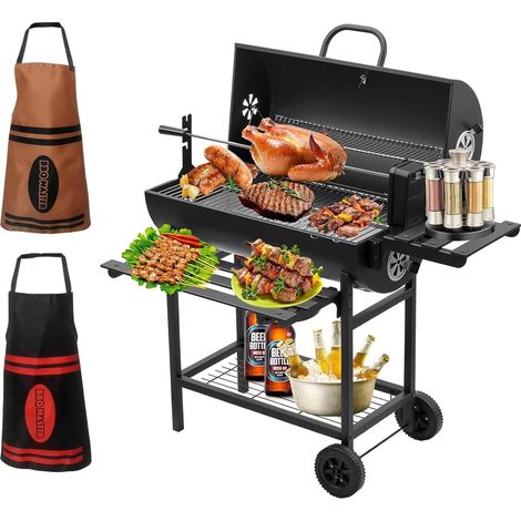 Barbecue Charbon de Bois Upgraded TEENO, Grill à Charbon avec Couvercle, Chariot à Barbecue de Bois, Thermomètre,Tiroir à Cendres,Gants Anti-Brûlures, Évent Réglable, with 2 Apron and Chicken Grill (1/5)