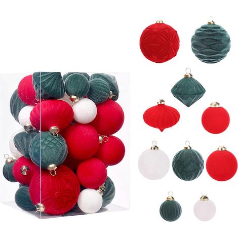 35er-Packung beflockter Weihnachtskugeln für Baum, Fenster, Weihnachtsdekoration, samtweiche, feste Weihnachtskugeln in Rot, Weiß und Grün (1/5)