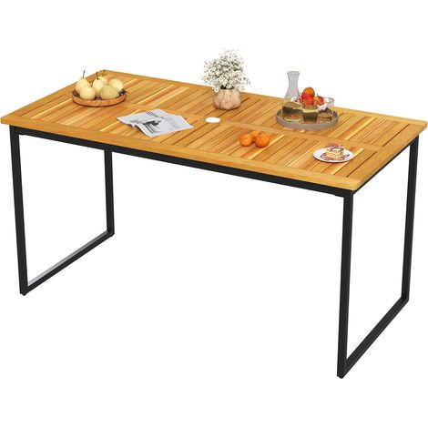 Tavolo da Pranzo in Legno di Acacia per 6 Persone, Tavolo da Giardino Rettangolare con Piano a Doghe, Struttura in Metallo e Foro per Ombrellone, Arredo da Esterno per Cortile e Giardino (1/5)