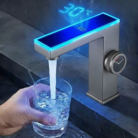 Robinet LED à Affichage Numérique Eau Chaude/Froide, Acier Inoxydable Gris Fumé - avec Éclairage (1/5)