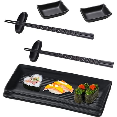 Service Sushi, Japonaise Sushi, Sushi Plateau avec Baguettes, 2 Assiette à Sauce, 2 Assiette Plates Rectangulaires et 2 Baguettes Service de Table Style Japonais pour 2 Personnes (1/5)