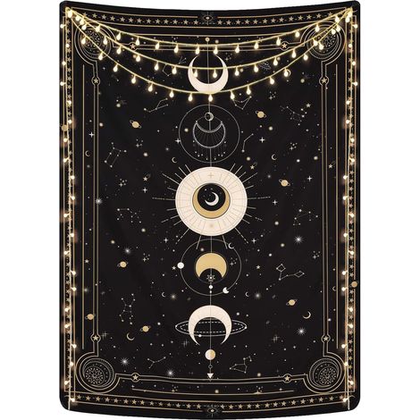 Tapisserie avec phases de lune, ciel étoilé mystérieux, cartes de tarot, papier peint, esthétique astrologique rétro, décoration murale pour chambre/salon, noir, 200 x 150 cm (1/5)