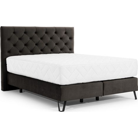 Lit continental capitonné tissu marron Pozza avec matelas 30cm en latex et pied métal noir-180x200 (1/5)