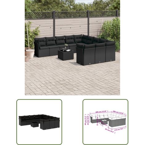 The Living Store 12-tlg. Garten-Sofagarnitur mit Kissen Schwarz Poly Rattan - Gartenmöbel Set - PE-Rattan Möbel - Outdoor Sofa - Esstisch - Lounge Garnitur (1/3)