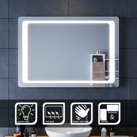 SIRHONA Espejo Baño con Luz Antivaho 100x70cm Espejo Baño LED de Pared Rectangular con Interruptor Táctil con Luz Interruptor Sensor IR (1/5)
