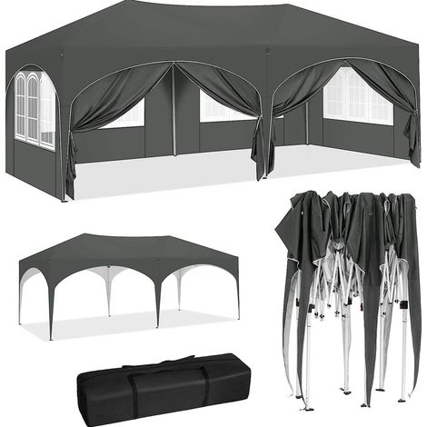 Pavillon pliant 3x6 m gris avec 6 parois amovibles, toile Oxford anti-UV et déperlante, structure métal, montage pop-up, pour jardin et événements CHICFURN (1/5)