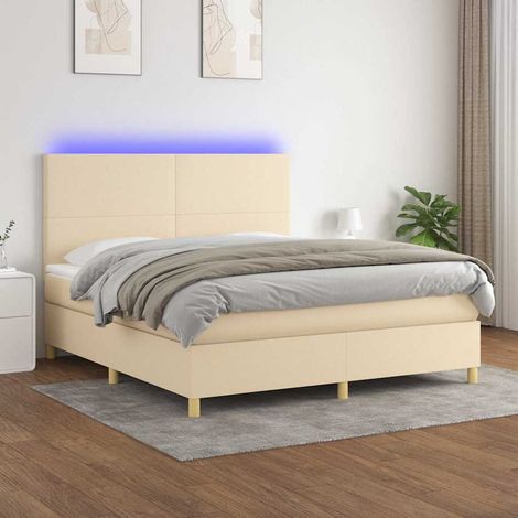 Cama box spring colchón y luces LED tela crema 180x200 cm (1/5)
