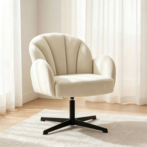 Poltrona girevole 64,5x68x80 cm in velluto beige, design a conchiglia moderno FLORAGRACE (1/5)