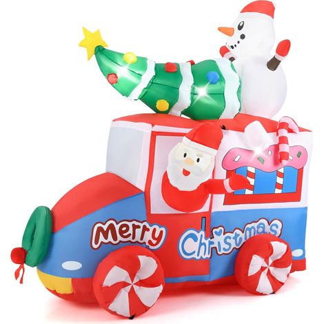 COSTWAY Père Noël Gonflable de 177 cm sur Une Voiture avec Bonhomme de Neige, Décoration de Noël avec Sapin de Noël et Couronne 5 LED Ventilateur Intégré Piquets et Cordes Inclus (1/5)