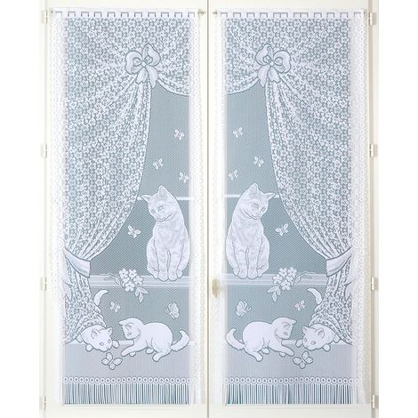 Paire de petits voilages dentelle chatons et franges Blanc 60x160 cm (1/2)