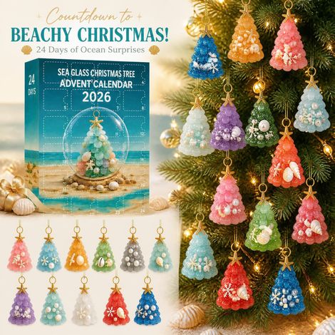 Calendrier de l'Avent 2026 en verre de mer, coffret 24 jours de surprises marines, d茅corations de sapin de No毛l en forme de sapin, lot de 24 pendentifs cadeau de No毛l (1/5)