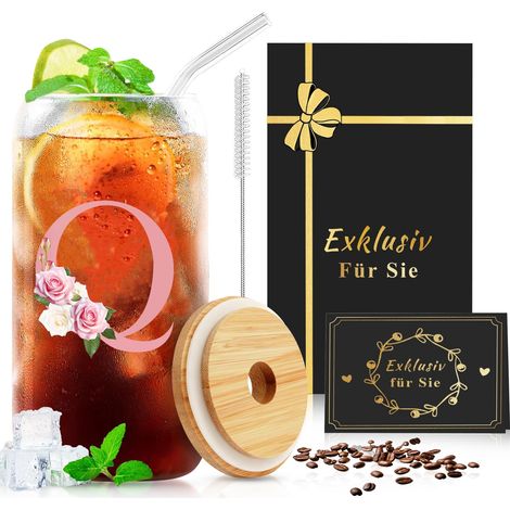 Cadeau pour femme - Gobelet avec couvercle et paille, lettres de A à Z, verre personnalisé, pour anniversaire, Noël, gobelet en verre avec brosse de nettoyage pour café, bière, cocktails (500 ml (1/5)