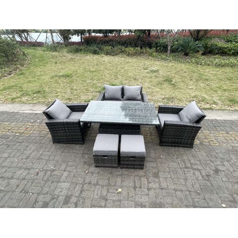 Fimous Rattan Outdoor Furniture Adjustable Rising Lifting Rectangle Dining Table Chairs Two Seater Love Sofa Sets Footstools 6 Seater (1/5)
