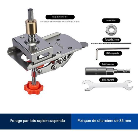 Guide de perçage pour charnières invisibles en acier inoxydable, gabarit de pose réglable avec butée de profondeur, outil de montage rapide pour portes de meubles et armoires, kit de perçage flottant (1/5)