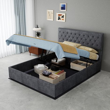 Lit coffre 140x200 cm en tissu gris avec tête de lit capitonnée et rangement sous lit (1/5)