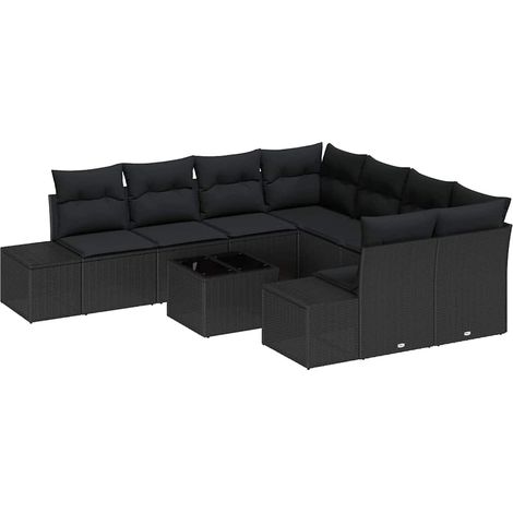 Sofa Set with Cushion 9 pcs Black Poly Rattan vidaXL